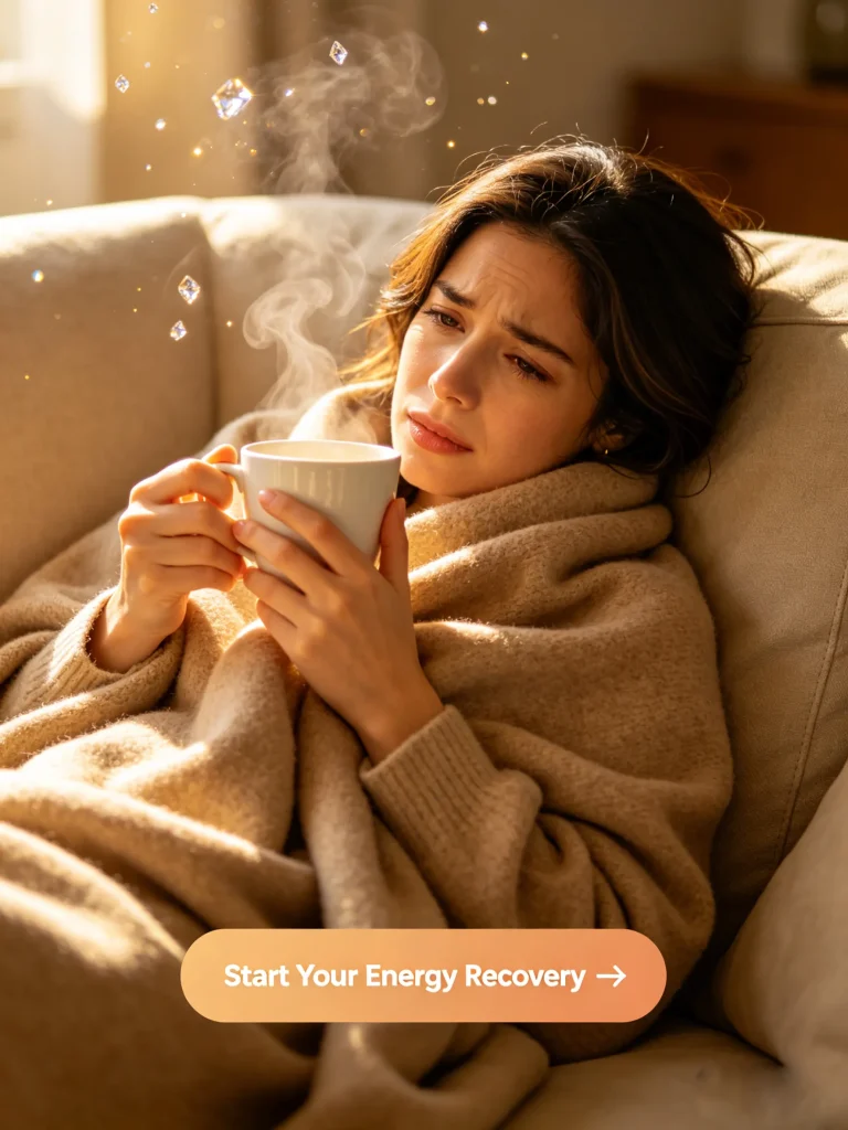 Young tired woman sitting on cozy couch at home holding warm mug, soft lamp light, candid emotional moment of fatigue and rest, why am I always tired blog