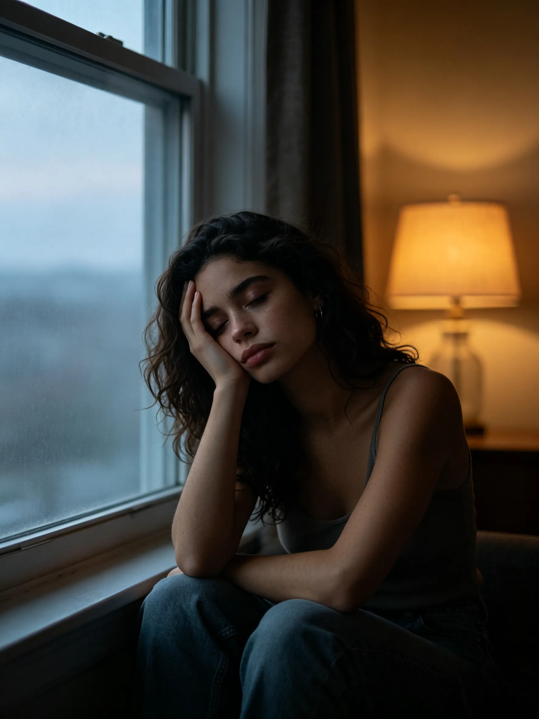 Young woman sitting by window with hand on forehead, deep mental exhaustion expression, soft dawn light, why am I always tired blog