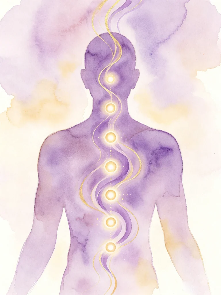 Chakra energy healing diagram showing root to crown chakra points with flowing purple and gold energy waves, spiritual illustration for why am i always tired blog