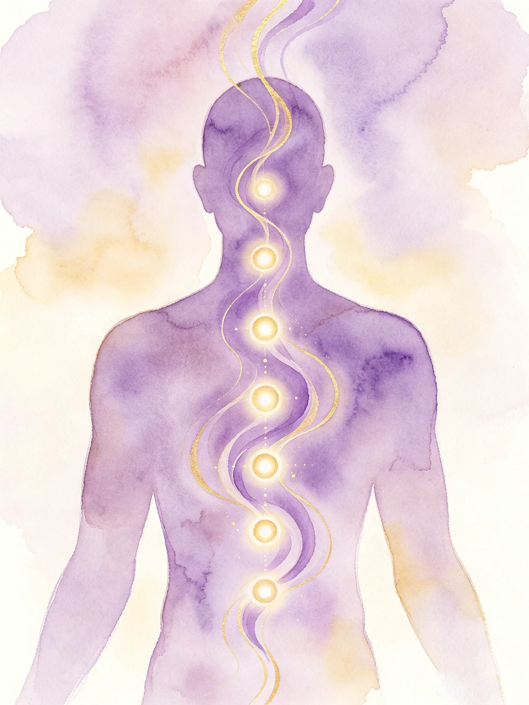 Chakra energy healing diagram showing root to crown chakra points with flowing purple and gold energy waves, spiritual illustration for why am i always tired blog
