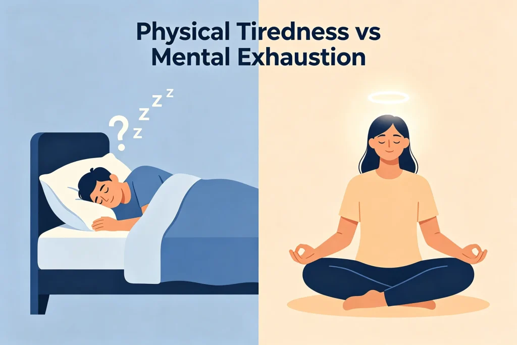 Infographic comparing physical tiredness vs mental exhaustion, sleep alone helps physical rest but mental exhaustion needs stillness and energy recovery